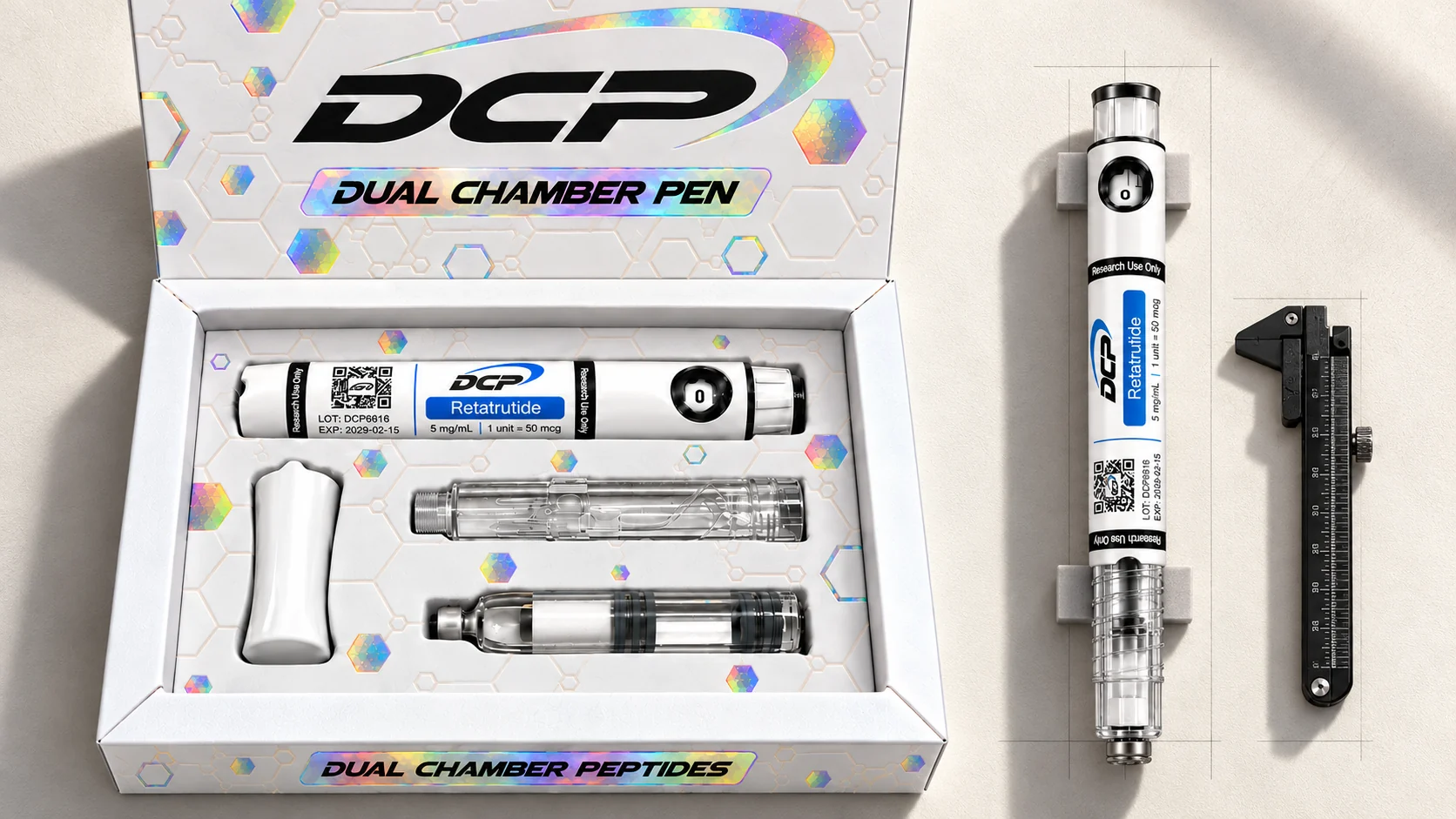 Dual Chamber Peptides — Composición editorial de productos; no es una fotografía de instalaciones, accesorios ni resultados de pruebas reales.