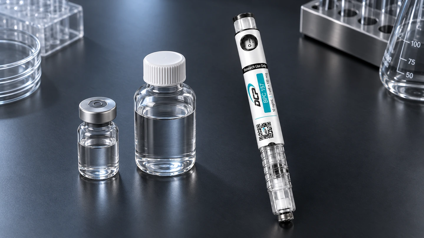 Pluma de Dual Chamber Peptides junto a un vial convencional, una botella de disolvente y material de laboratorio empaquetado