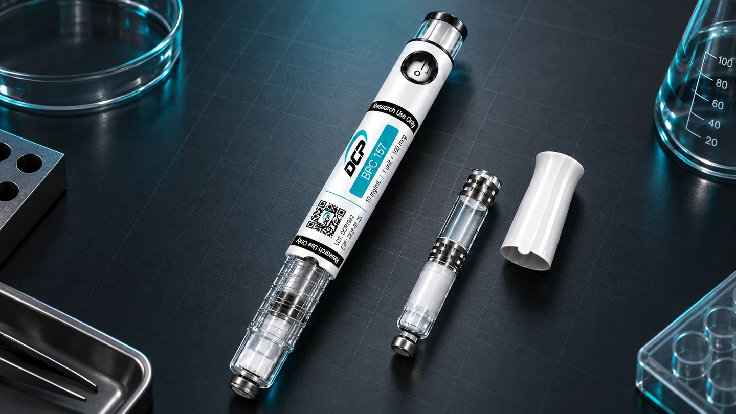 Pluma Dual Chamber Peptides con su cartucho de dos cámaras sobre un fondo técnico oscuro